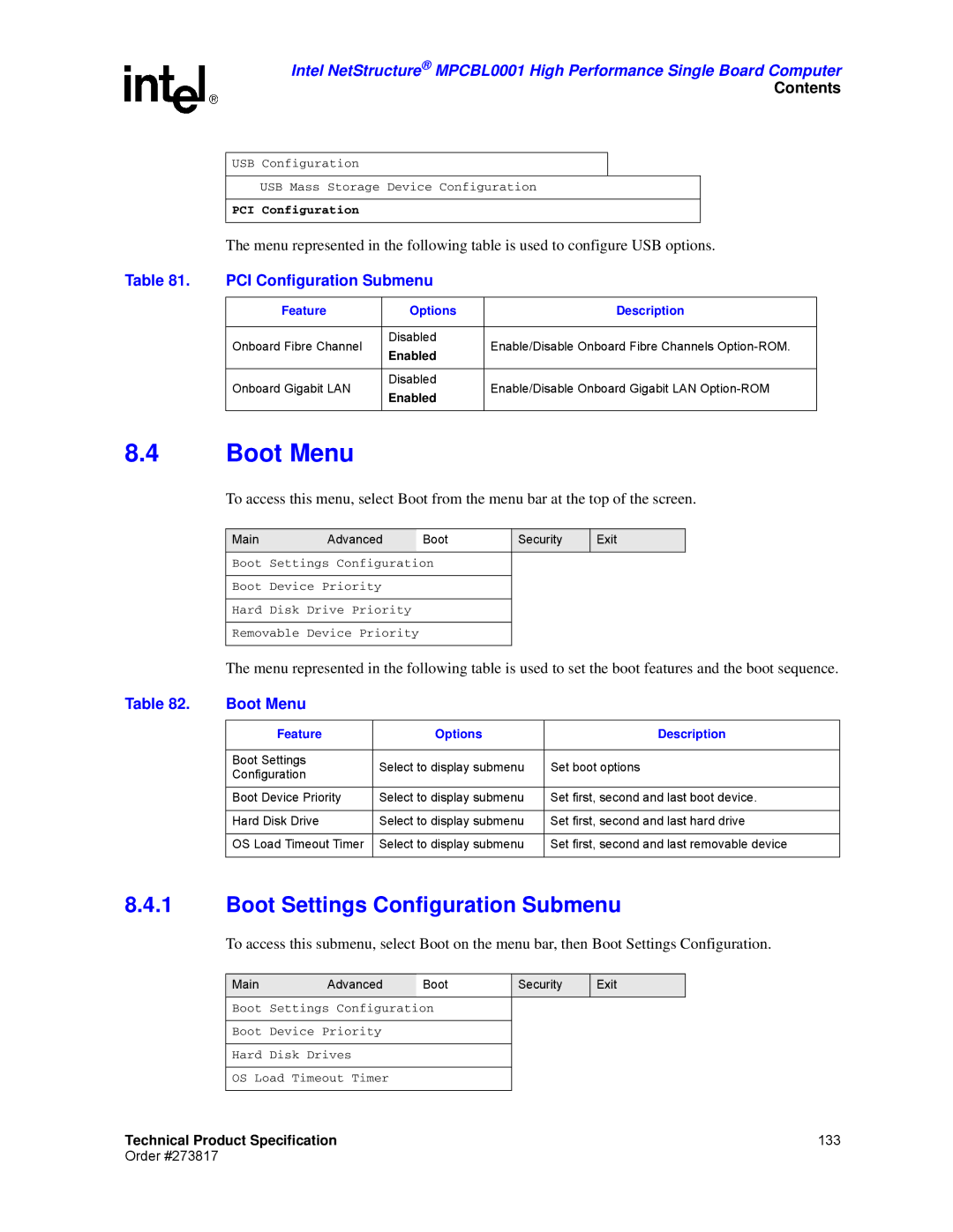 Intel MPCBL0001 manual Boot Menu, Boot Settings Configuration Submenu, PCI Configuration Submenu 