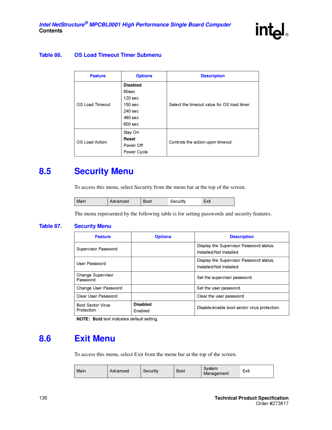 Intel MPCBL0001 manual Security Menu, Exit Menu, OS Load Timeout Timer Submenu 