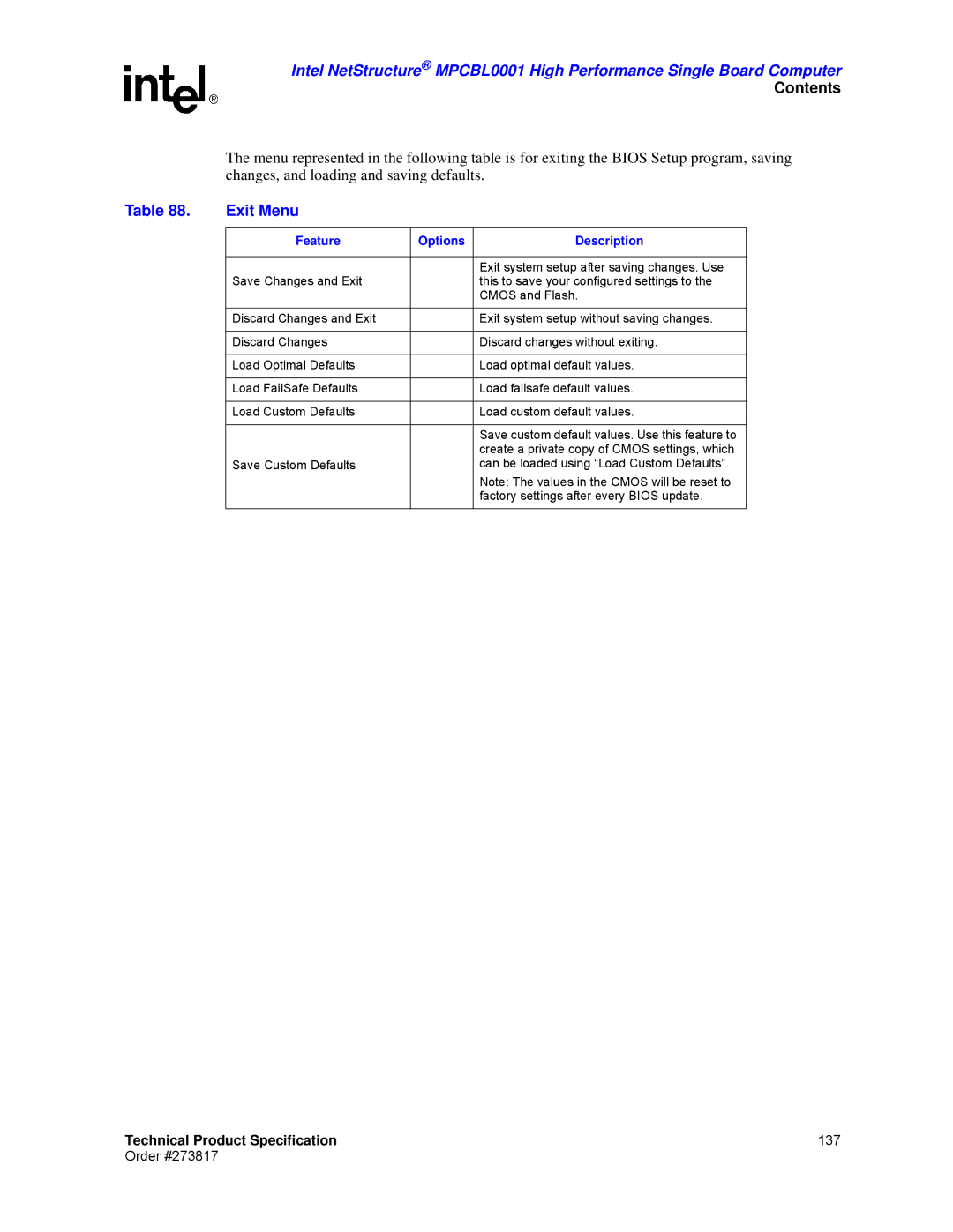 Intel MPCBL0001 manual Exit Menu 