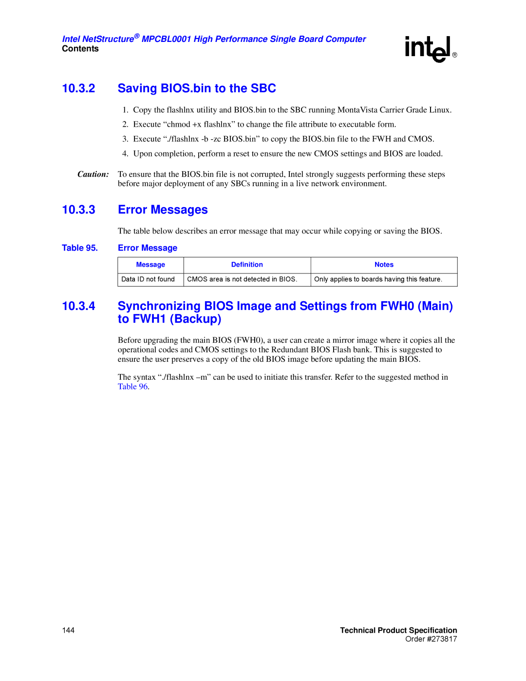 Intel MPCBL0001 manual Saving BIOS.bin to the SBC, Error Messages 