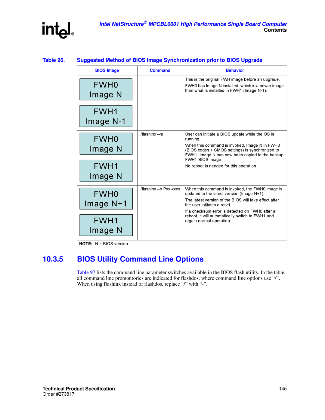 Intel MPCBL0001 manual Bios Utility Command Line Options, Bios Image Command Behavior 