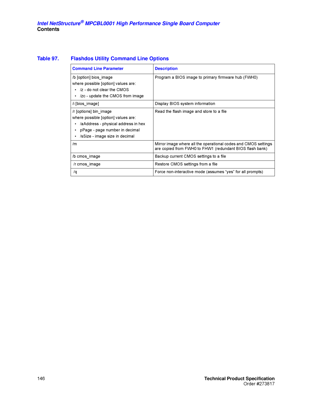 Intel MPCBL0001 manual Flashdos Utility Command Line Options, Command Line Parameter Description 