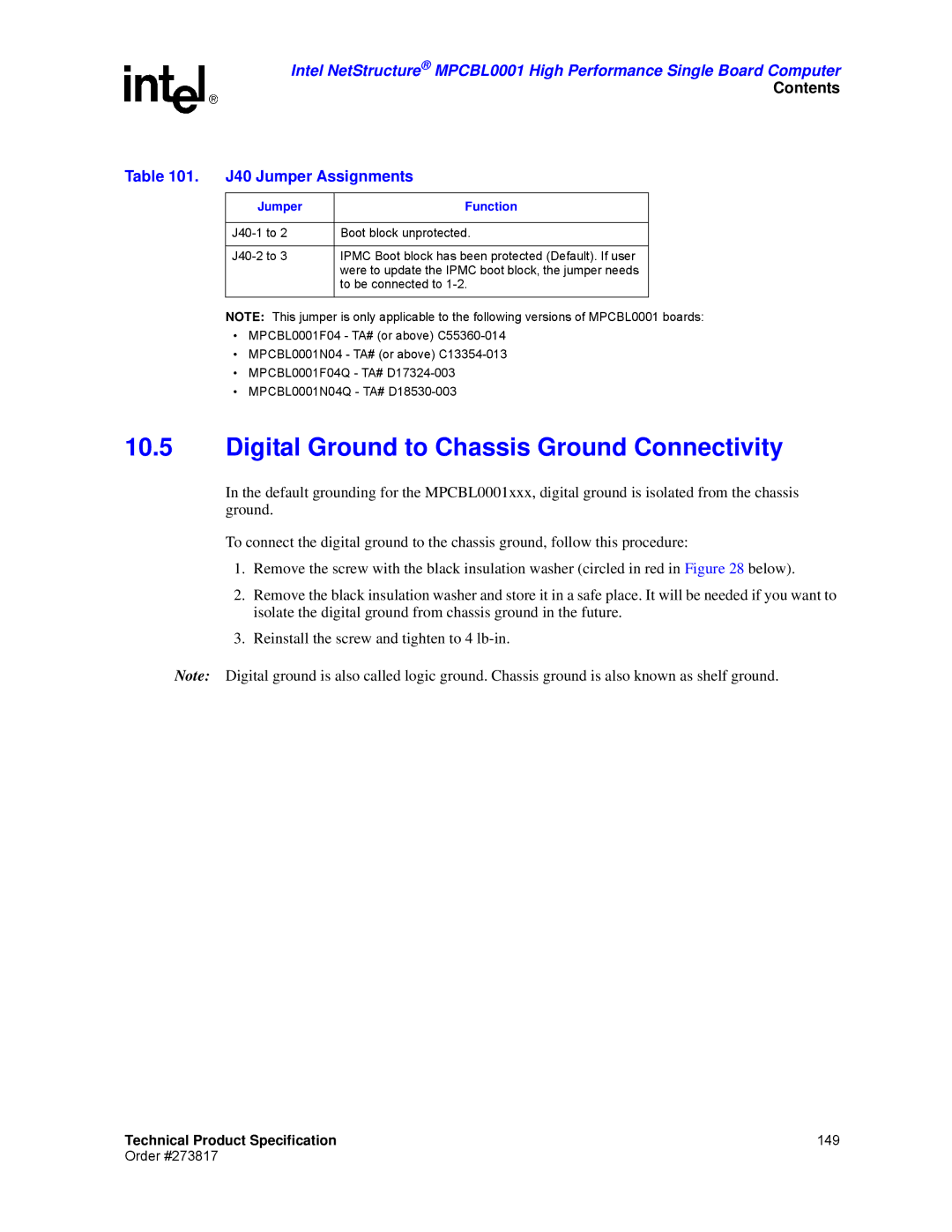 Intel MPCBL0001 manual Digital Ground to Chassis Ground Connectivity, J40 Jumper Assignments 