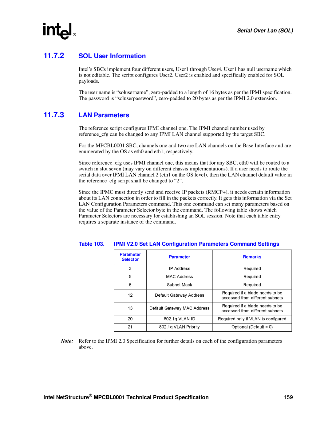 Intel MPCBL0001 manual SOL User Information, LAN Parameters, Ipmi V2.0 Set LAN Configuration Parameters Command Settings 