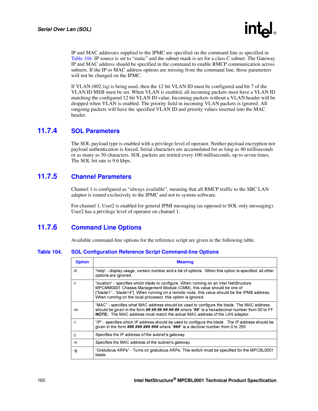 Intel MPCBL0001 manual SOL Parameters, Channel Parameters, Command Line Options, Option Meaning 