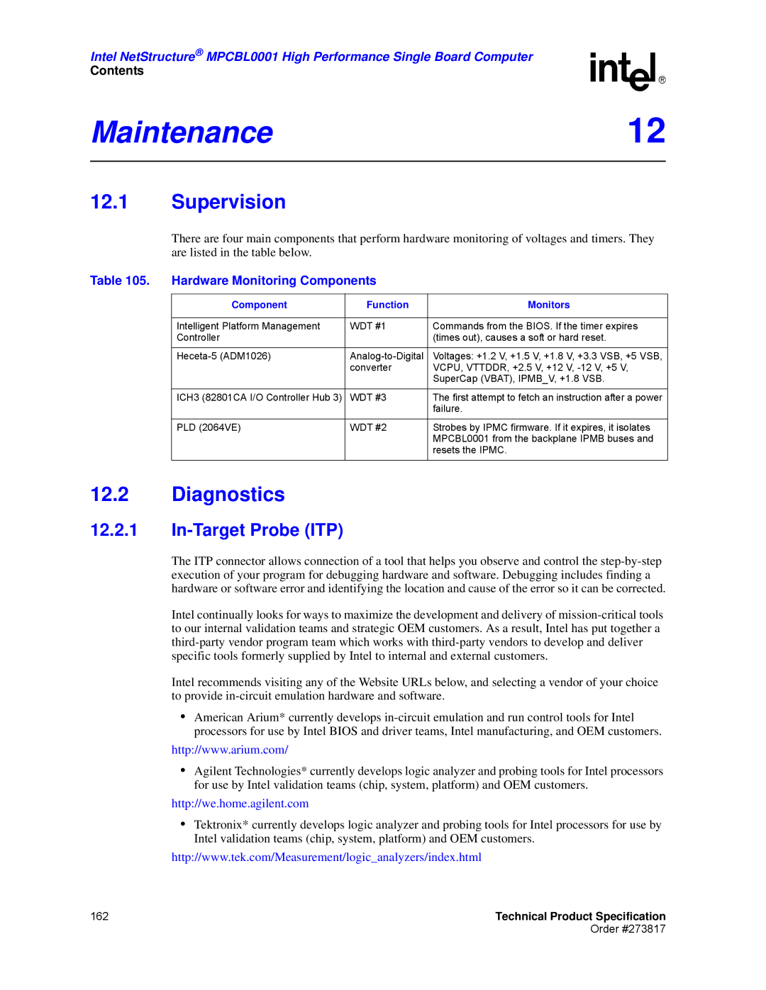 Intel MPCBL0001 manual Maintenance12, Supervision, Diagnostics, In-Target Probe ITP, Hardware Monitoring Components 