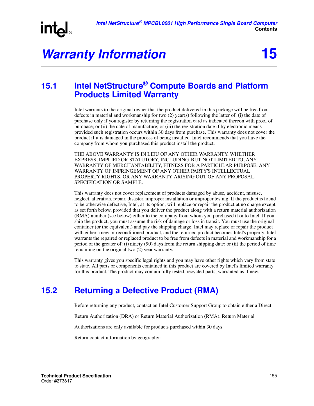 Intel MPCBL0001 manual Warranty Information, Returning a Defective Product RMA 