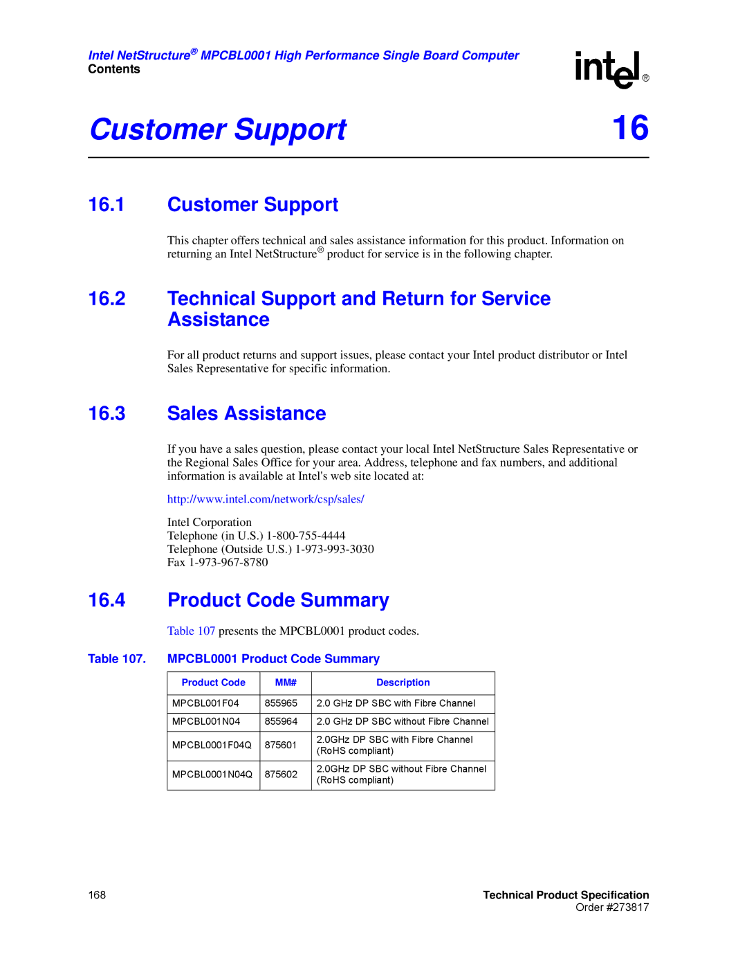 Intel MPCBL0001 manual Customer Support, Technical Support and Return for Service Assistance, Sales Assistance 