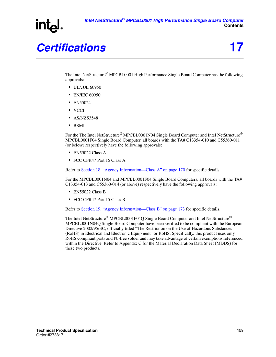 Intel MPCBL0001 manual Certifications17, Bsmi 