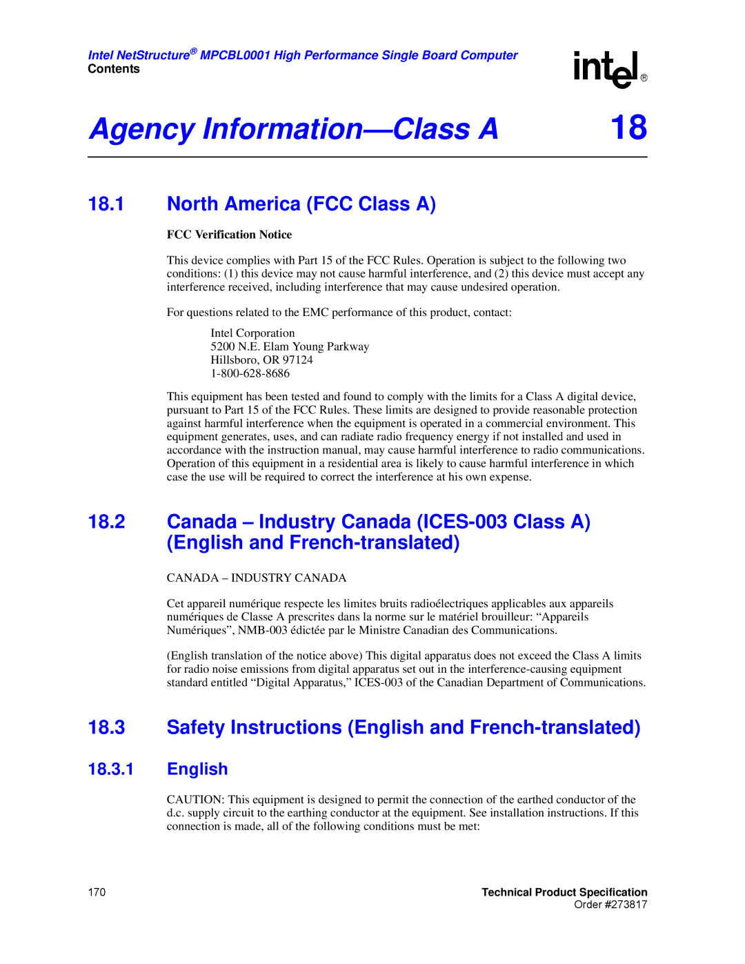 Intel MPCBL0001 Agency Information-Class a, North America FCC Class a, Safety Instructions English and French-translated 