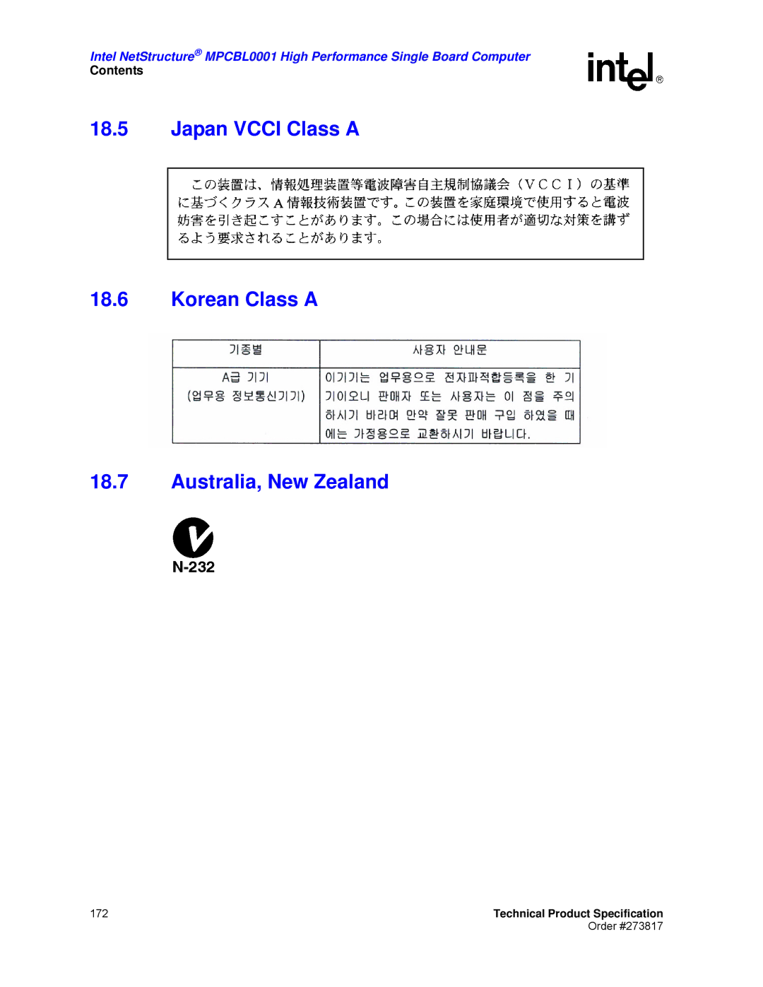 Intel MPCBL0001 manual Japan Vcci Class a Korean Class a Australia, New Zealand 