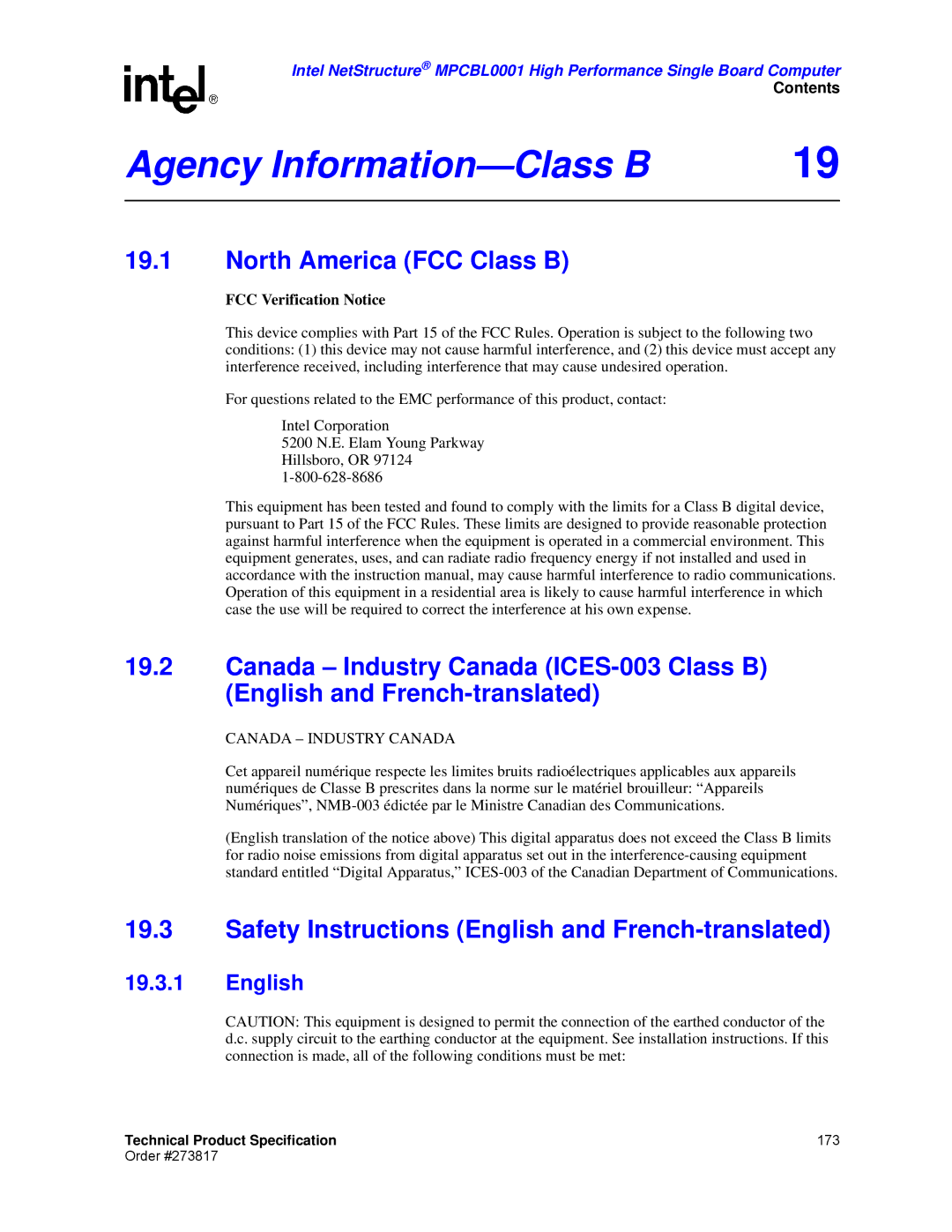 Intel MPCBL0001 manual Agency Information-Class B, North America FCC Class B 