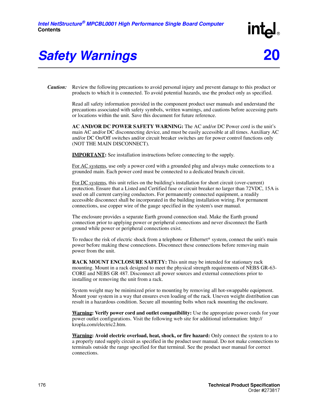 Intel MPCBL0001 manual Safety Warnings, Not the Main Disconnect 