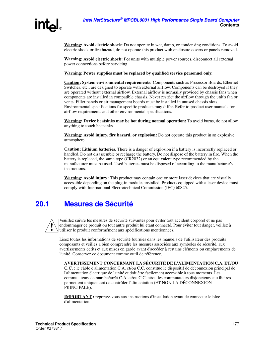 Intel MPCBL0001 manual Mesures de Sécurité 