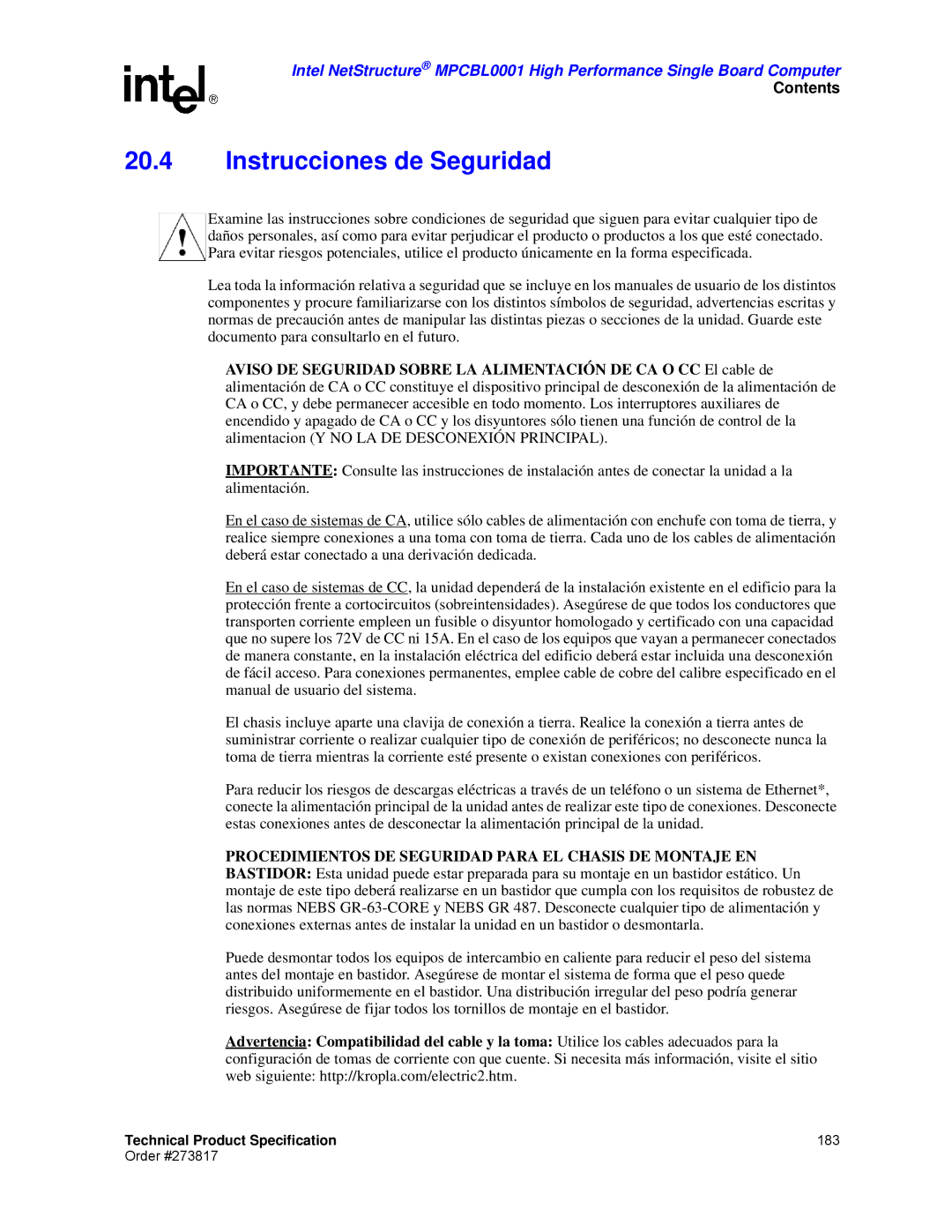 Intel MPCBL0001 manual Instrucciones de Seguridad 