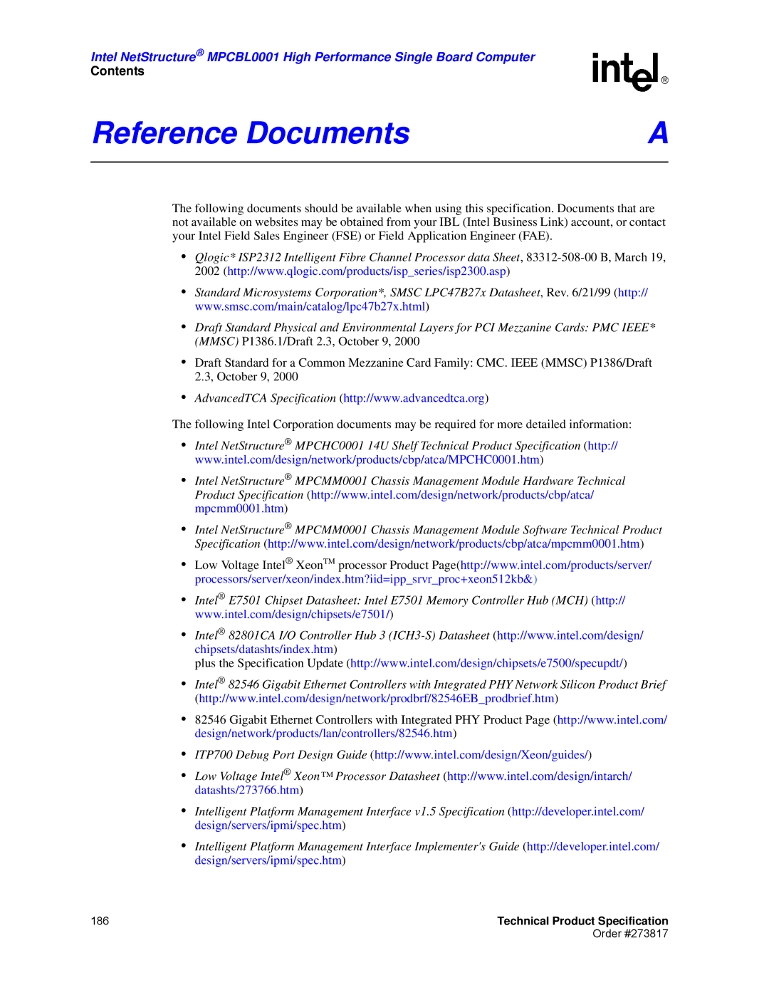 Intel MPCBL0001 manual Reference Documents 