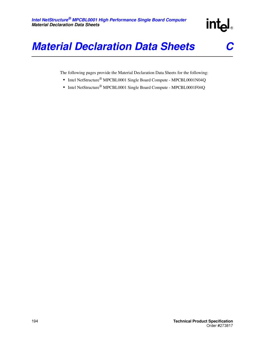 Intel MPCBL0001 manual Material Declaration Data Sheets 