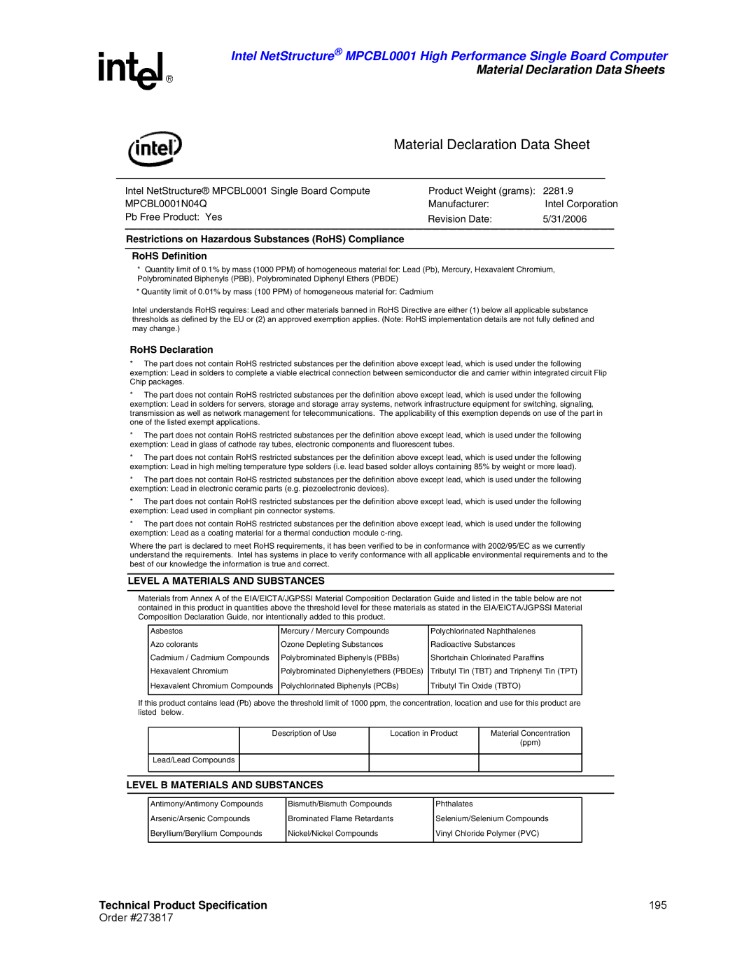 Intel MPCBL0001 manual Level a Materials and Substances, Level B Materials and Substances 