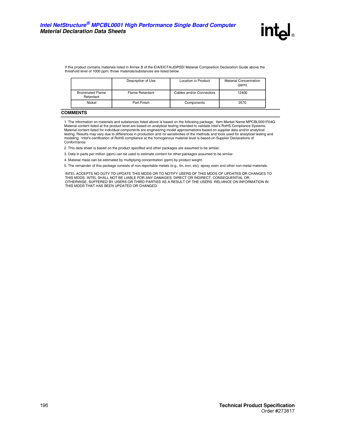 Intel MPCBL0001 manual Comments 