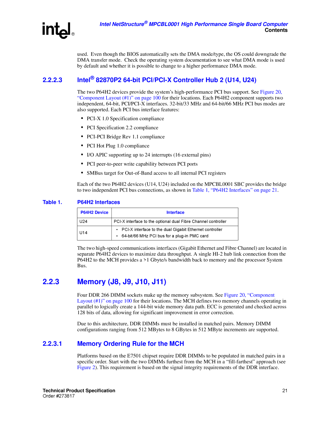 Intel MPCBL0001 manual Memory J8, J9, J10, J11, Intel 82870P2 64-bit PCI/PCI-X Controller Hub 2 U14, U24, P64H2 Interfaces 