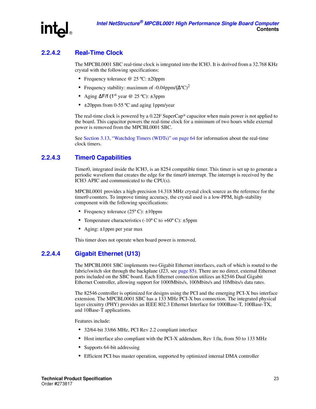 Intel MPCBL0001 manual Real-Time Clock, Timer0 Capabilities, Gigabit Ethernet U13 