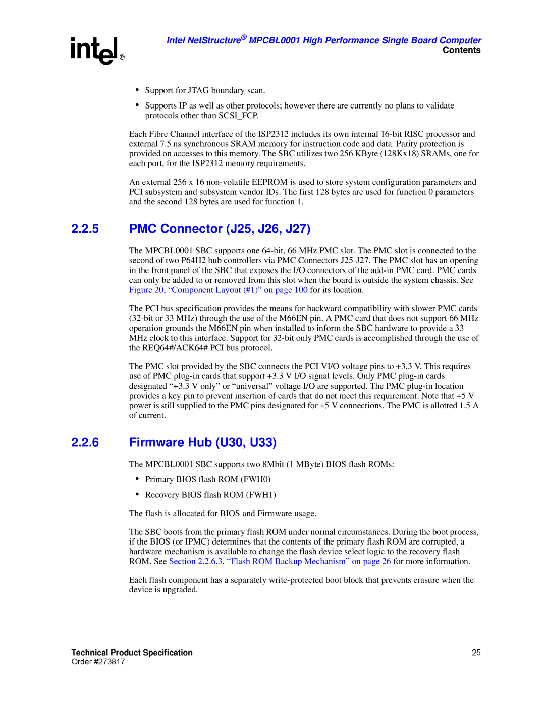 Intel MPCBL0001 manual PMC Connector J25, J26, J27, Firmware Hub U30, U33 