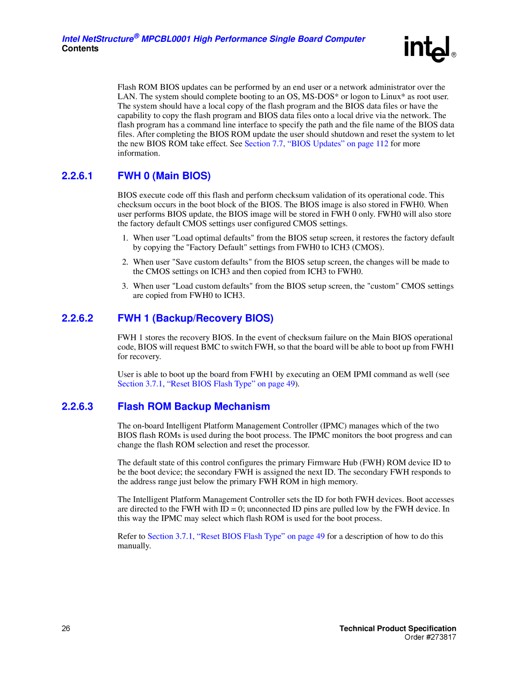 Intel MPCBL0001 manual FWH 0 Main Bios, FWH 1 Backup/Recovery Bios, Flash ROM Backup Mechanism 