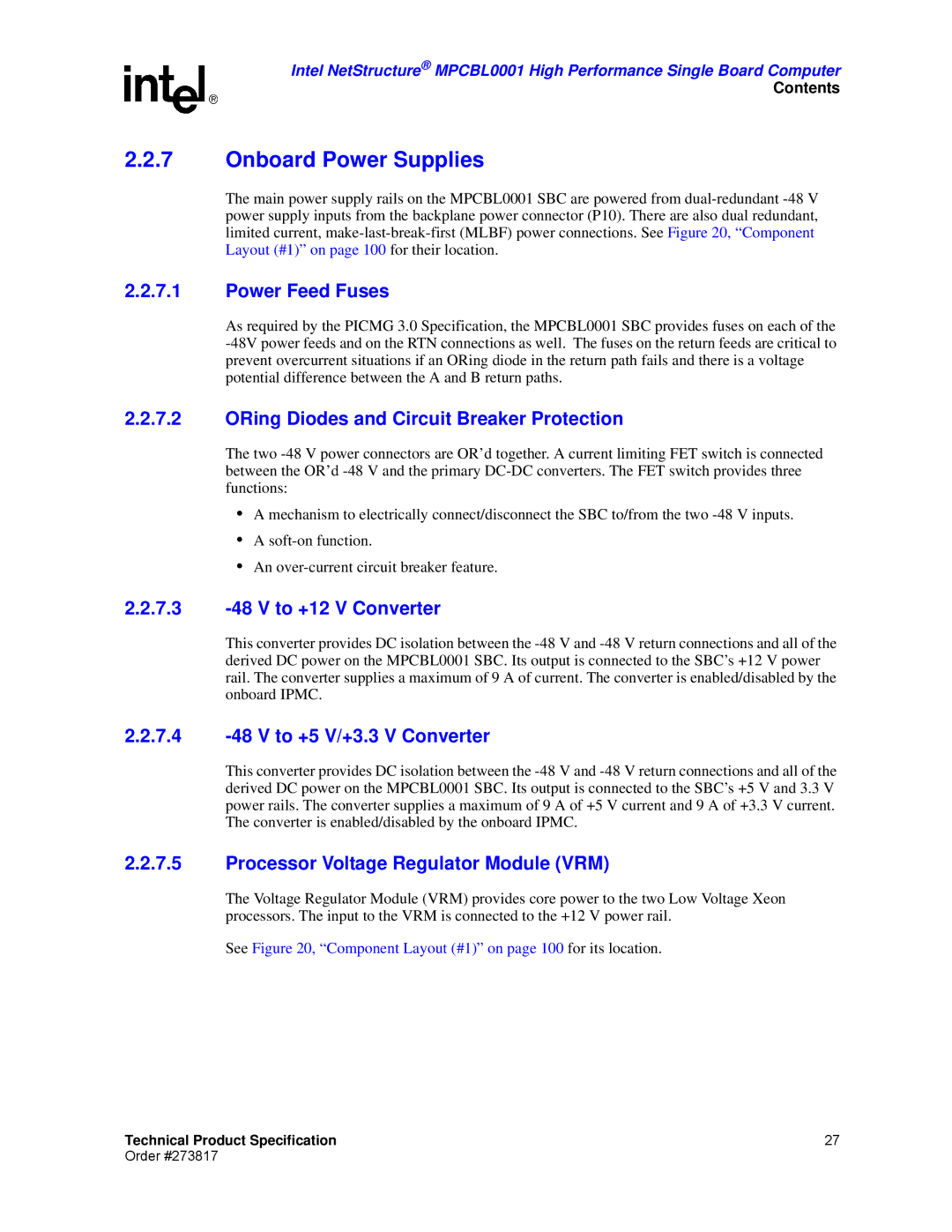 Intel MPCBL0001 manual Onboard Power Supplies 