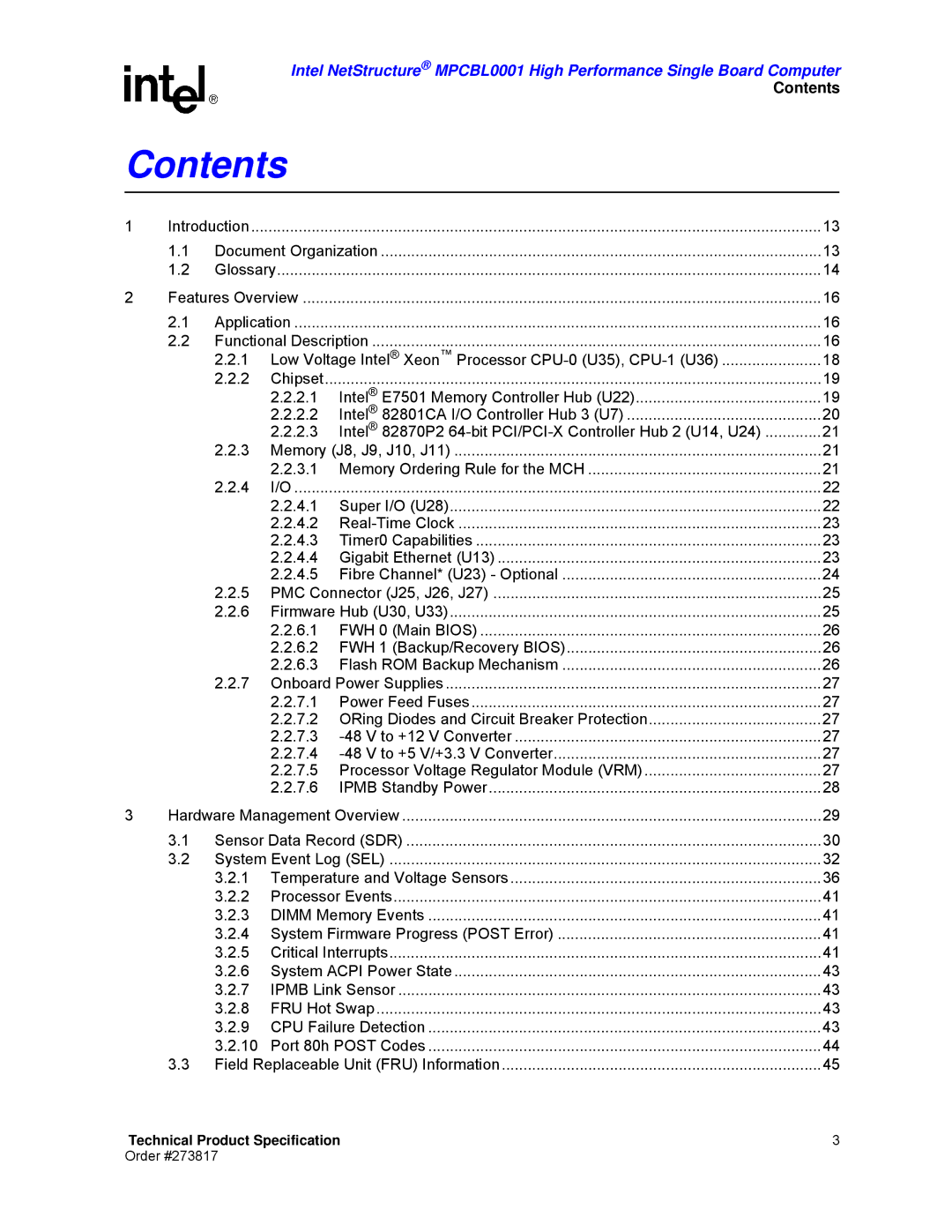 Intel MPCBL0001 manual Contents 