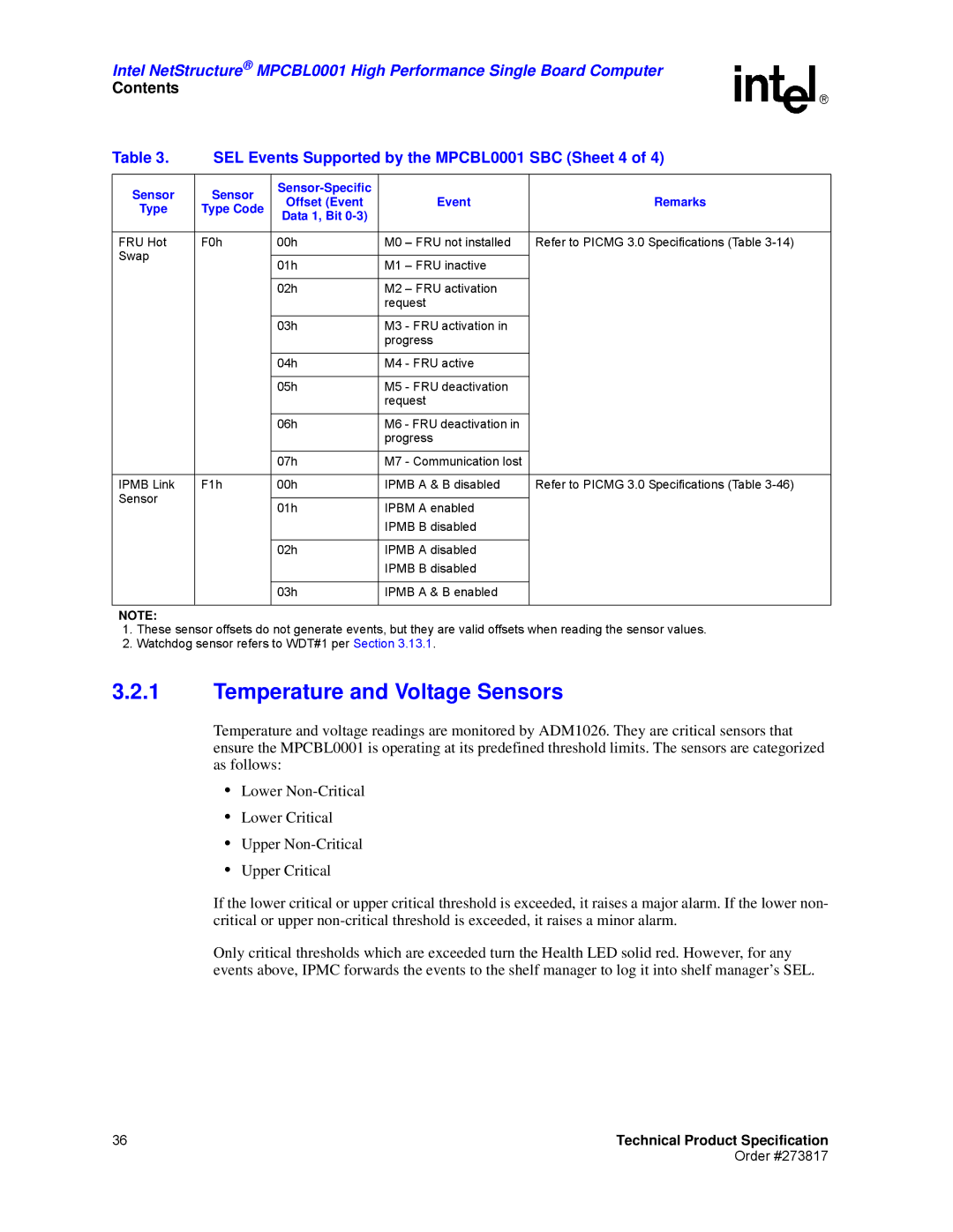 Intel manual Temperature and Voltage Sensors, SEL Events Supported by the MPCBL0001 SBC Sheet 4 