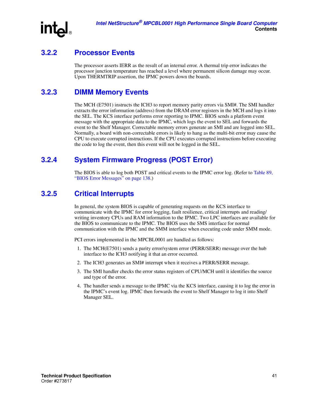 Intel MPCBL0001 manual Processor Events, Dimm Memory Events, System Firmware Progress Post Error, Critical Interrupts 