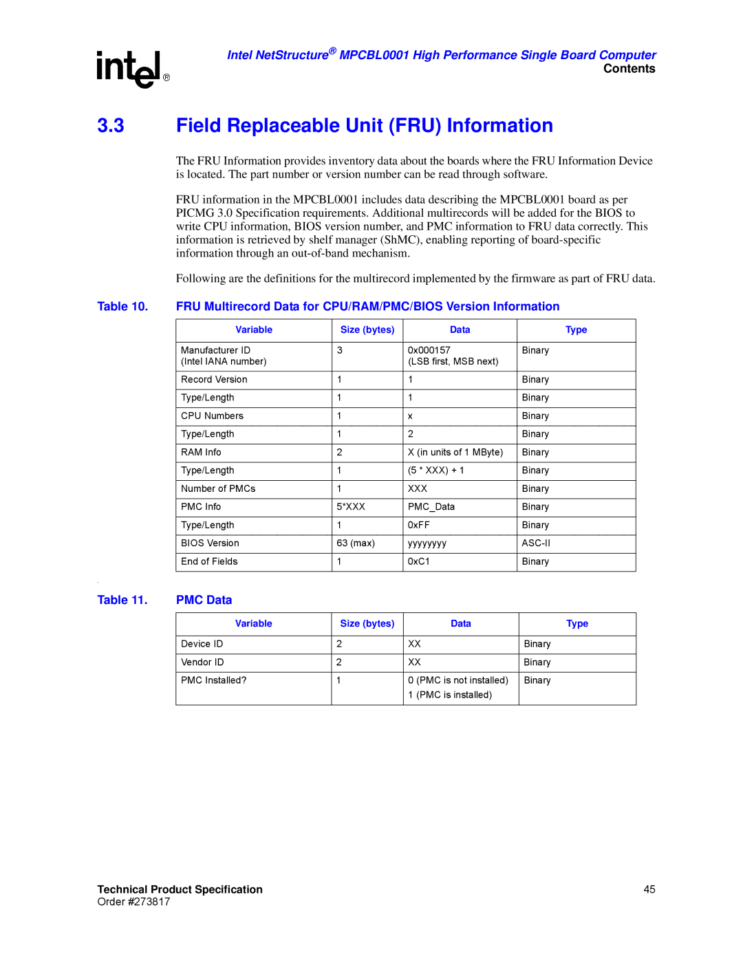 Intel MPCBL0001 manual Field Replaceable Unit FRU Information, PMC Data, Variable Size bytes Data Type, Xxx, Asc-Ii 