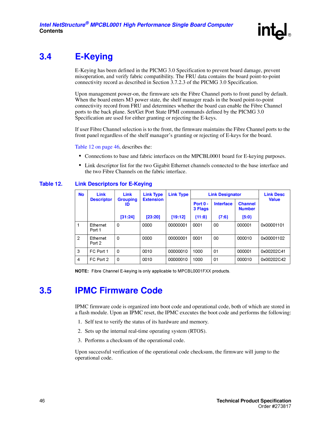 Intel MPCBL0001 manual Ipmc Firmware Code, Link Descriptors for E-Keying 