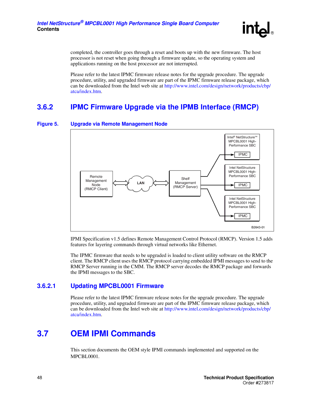 Intel manual OEM Ipmi Commands, Ipmc Firmware Upgrade via the Ipmb Interface Rmcp, Updating MPCBL0001 Firmware 