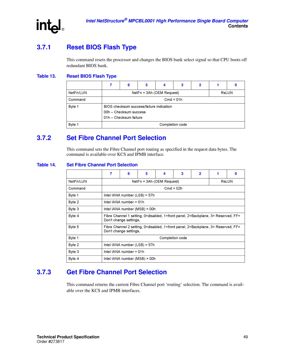 Intel MPCBL0001 manual Reset Bios Flash Type, Set Fibre Channel Port Selection, Get Fibre Channel Port Selection 