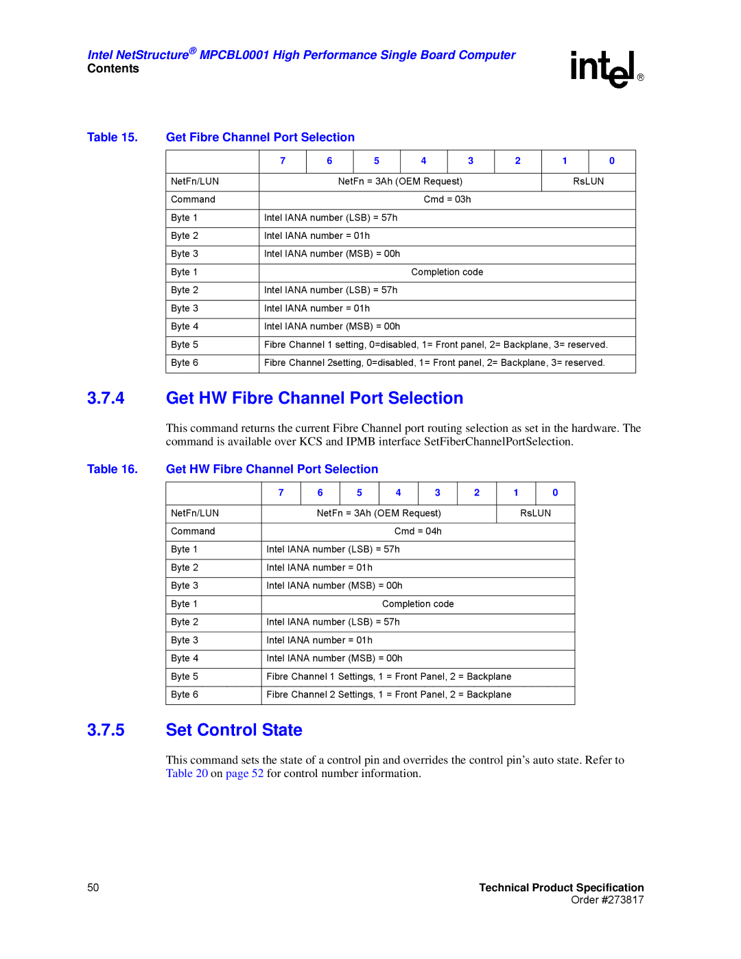 Intel MPCBL0001 manual Get HW Fibre Channel Port Selection, Set Control State, Get Fibre Channel Port Selection 