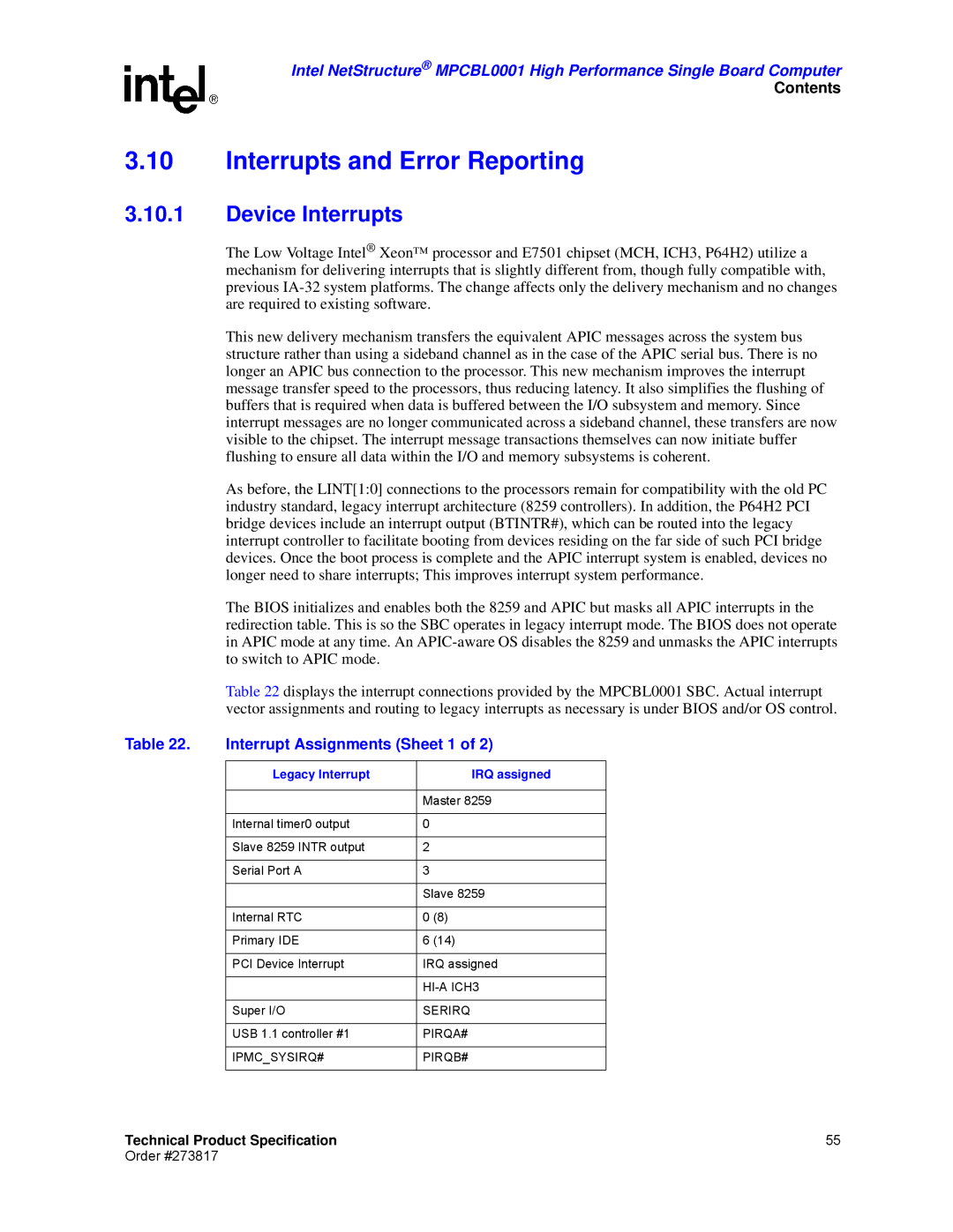 Intel MPCBL0001 manual Interrupts and Error Reporting, Device Interrupts, Interrupt Assignments Sheet 1 