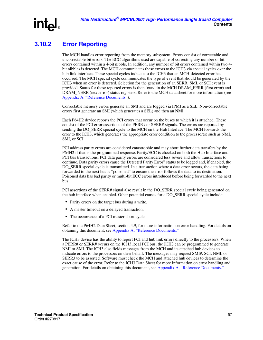 Intel MPCBL0001 manual Error Reporting 