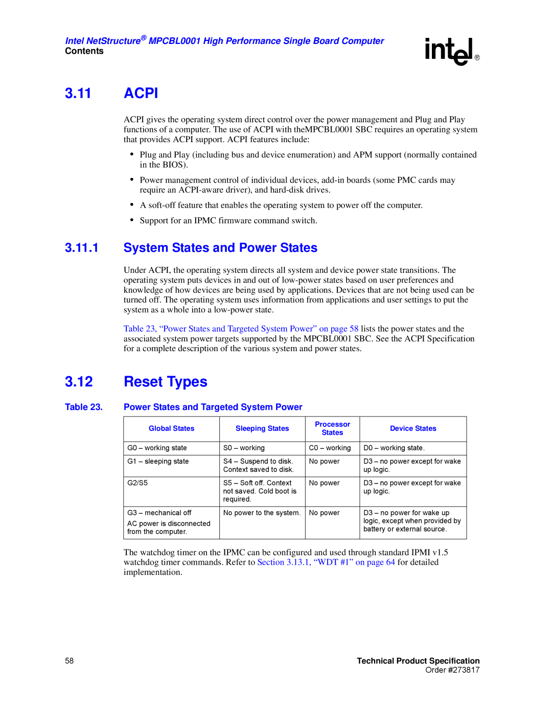 Intel MPCBL0001 manual Acpi, Reset Types, System States and Power States, Power States and Targeted System Power 