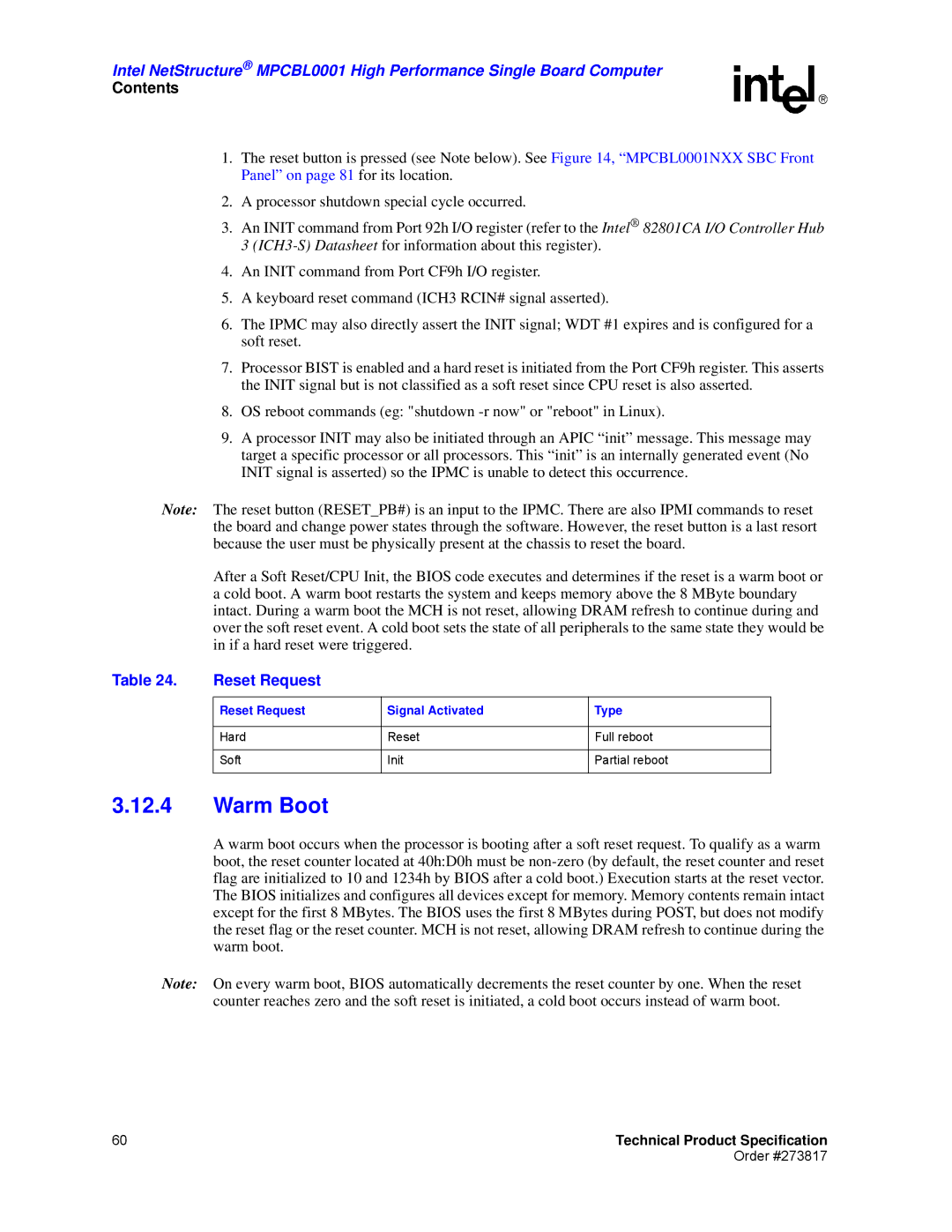 Intel MPCBL0001 manual Warm Boot, Reset Request Signal Activated Type 