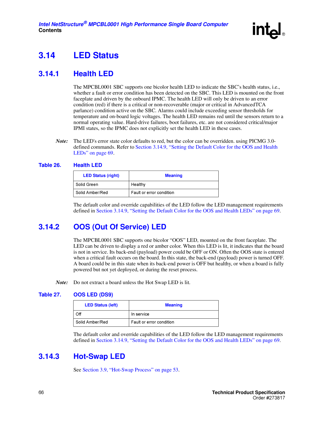 Intel MPCBL0001 manual LED Status, Health LED, OOS Out Of Service LED, Hot-Swap LED 