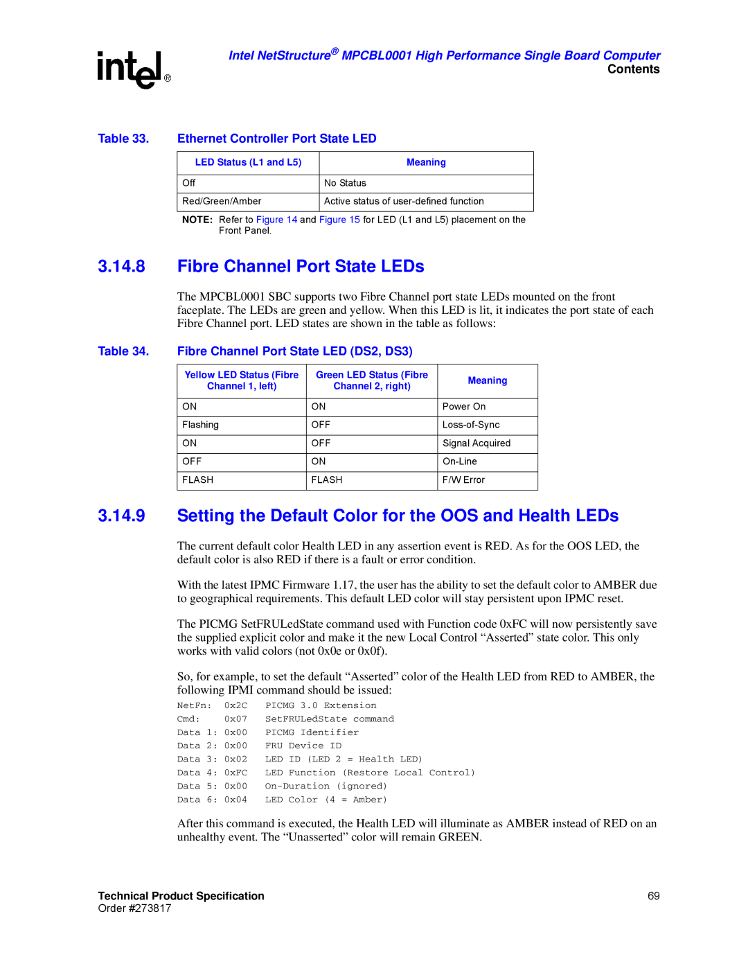 Intel MPCBL0001 manual Fibre Channel Port State LEDs, Setting the Default Color for the OOS and Health LEDs 