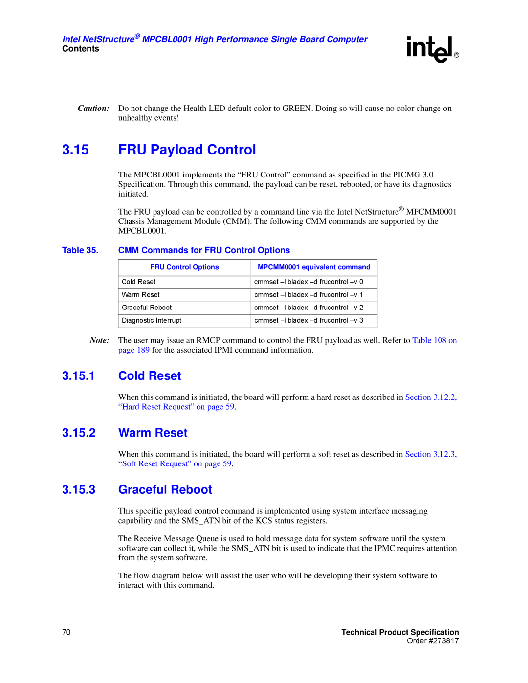 Intel MPCBL0001 manual FRU Payload Control, Cold Reset, Warm Reset, Graceful Reboot, CMM Commands for FRU Control Options 