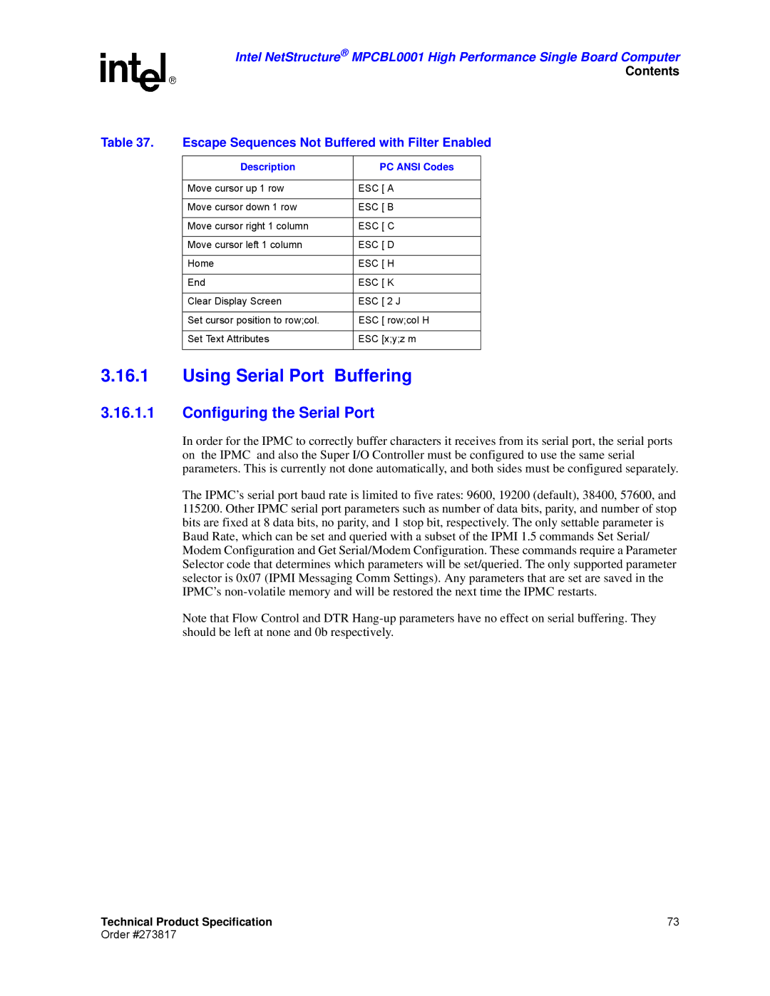 Intel MPCBL0001 manual Using Serial Port Buffering, Configuring the Serial Port, Description PC Ansi Codes 