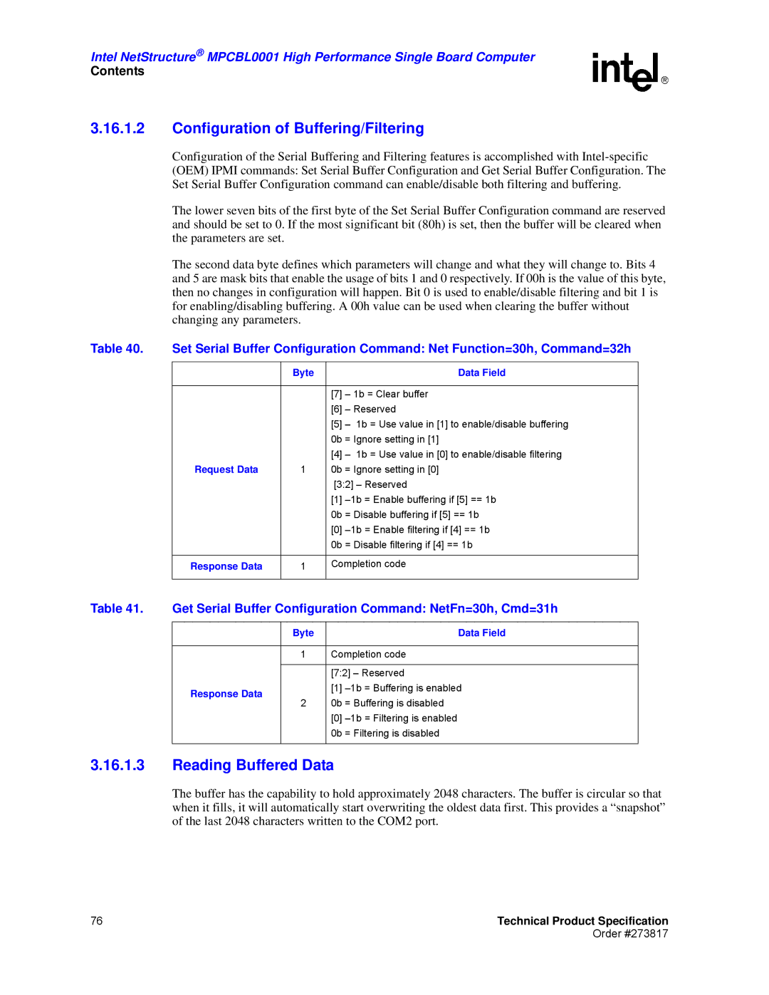 Intel MPCBL0001 manual Configuration of Buffering/Filtering, Reading Buffered Data, Response Data 