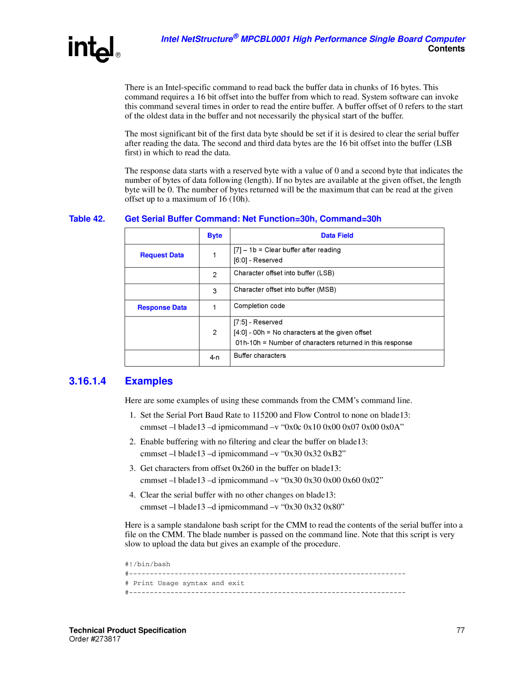 Intel MPCBL0001 manual Examples, Get Serial Buffer Command Net Function=30h, Command=30h 