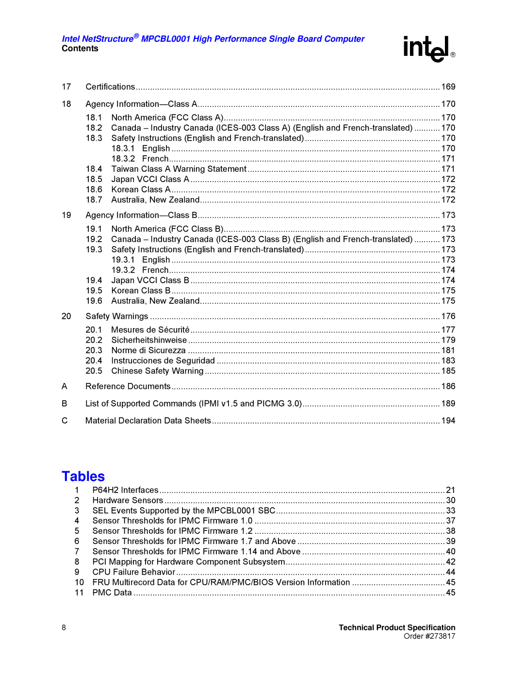 Intel MPCBL0001 manual Tables 