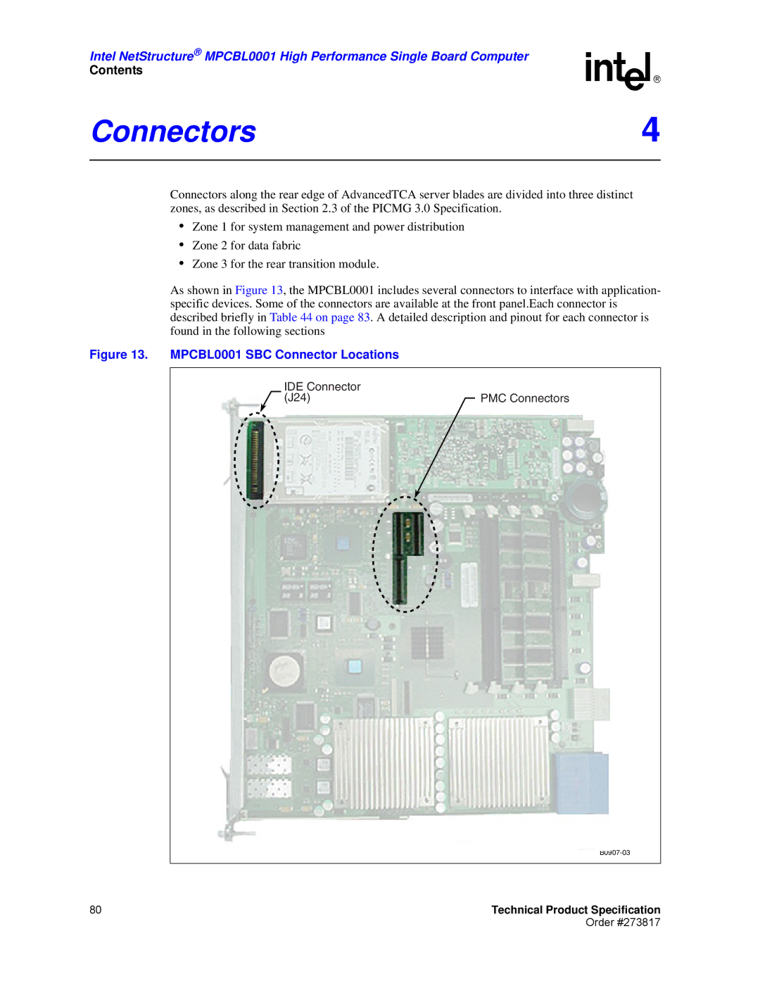 Intel manual Connectors4, MPCBL0001 SBC Connector Locations 