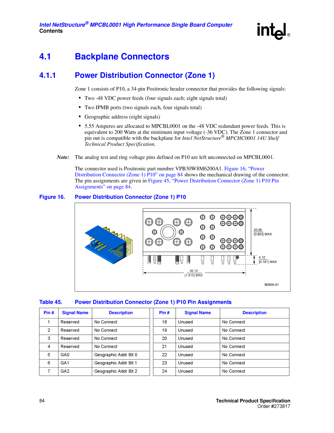 Intel MPCBL0001 manual Backplane Connectors, Power Distribution Connector Zone, Pin # Signal Name Description 