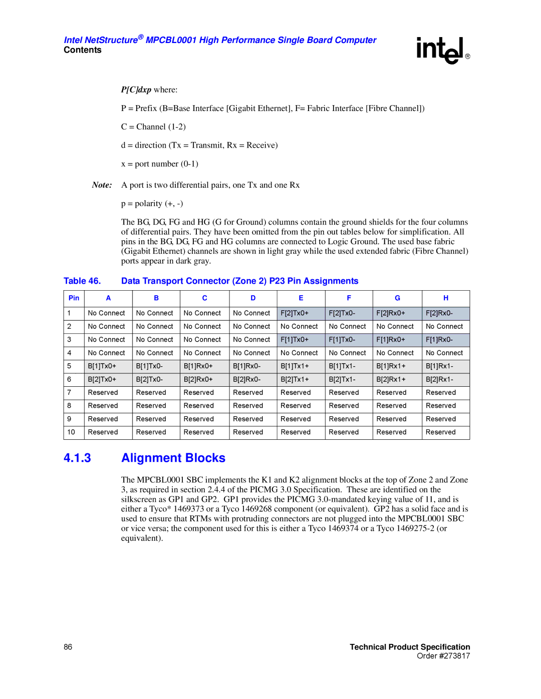 Intel MPCBL0001 manual Alignment Blocks, Data Transport Connector Zone 2 P23 Pin Assignments 